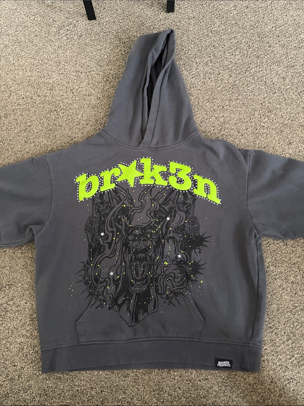 BRKN PRMSES Gray Hoodie with Neon Green 'br*k3n' Graphic